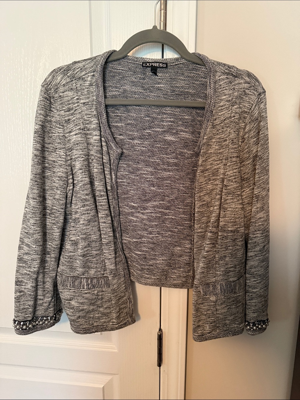 Express Heather Gray Open Front Cardigan with Beaded Cuffs